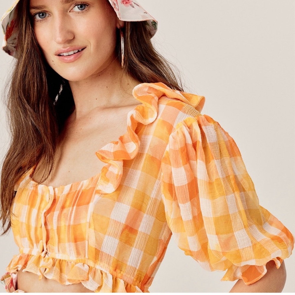 For Love & Lemons Orange and White Gingham Crop Top